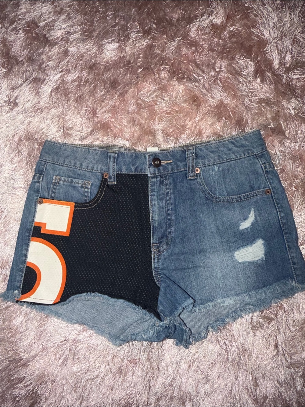 Forever 21 Blue Denim Patchwork Shorts with Black & Orange Accent